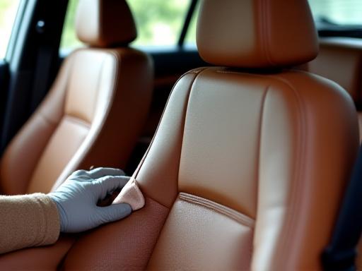 Interni auto con sedili in pelle in fase di pulizia